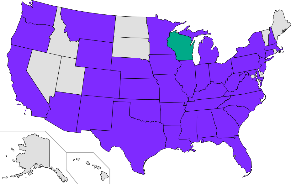 Map of states contacted by N9UW during the 2016 WIQP
